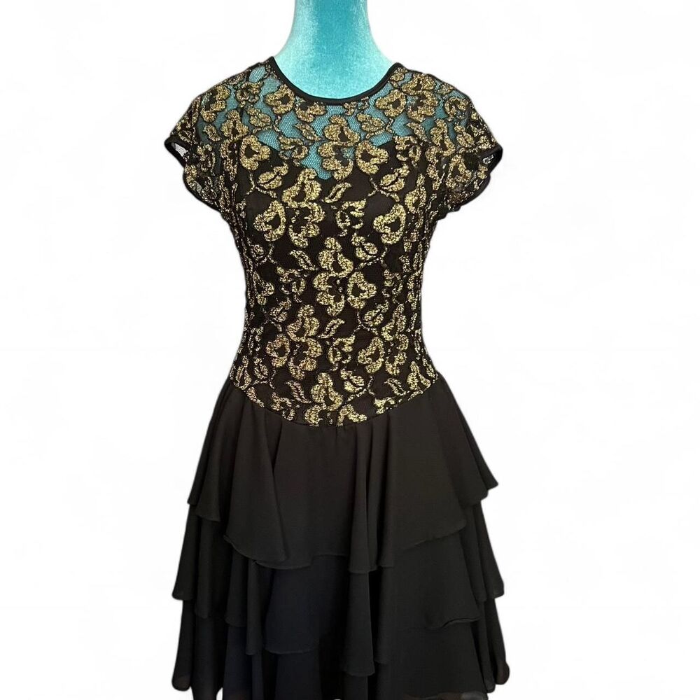 Vintage 80's Late Edition Women's Black w/ sheer Gold floral Ruffle Dress size 6